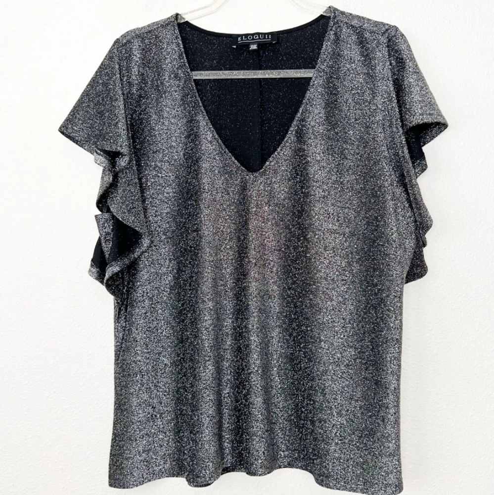 Eloquii V Neck Black Silver Metallic Flutter Sleeve Blouse Plus Size 18/20